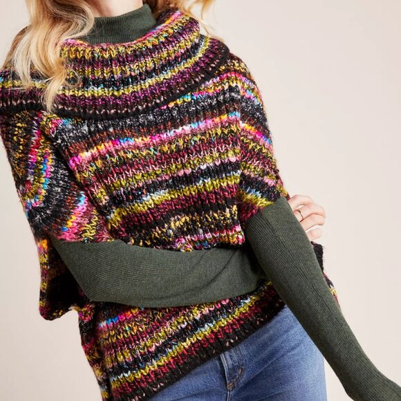 Anthropologie Piera Knit Striped Turtleneck Poncho Sweater - Picture 3 of 7